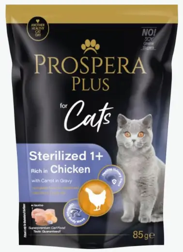 Konservi kaķiem - Prospera Plus, Cat Pouch Sterilized 1+, Chicken and Carrot, 85 g