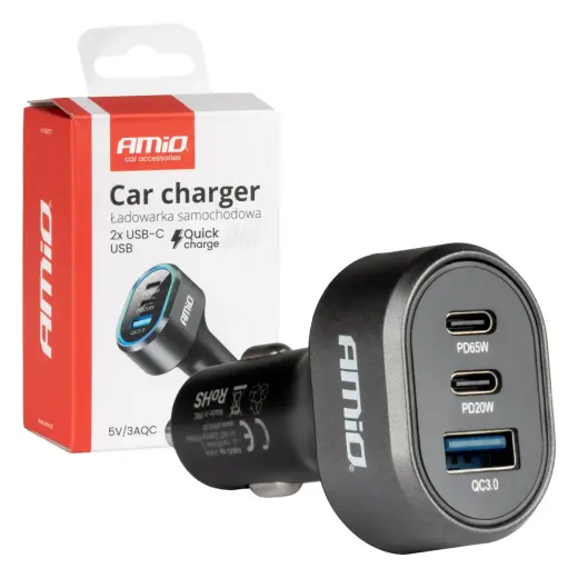 AMiO 04177 auto lādētājs | 65W | PD, QC | USB-C, USB-A