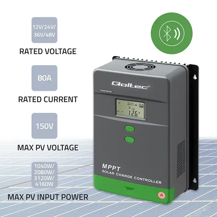 Qoltec Solar Charge Controller MPPT with Temperature Sensor 80A | 12V / 24V | LCD | Bluetooth | APP | GEL | LiFePO4