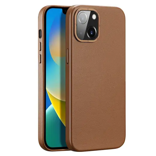Dux Ducis Grit Leather Case for iPhone 14 Plus Elegant Faux Leather Cover (MagSafe Compatible) Brown