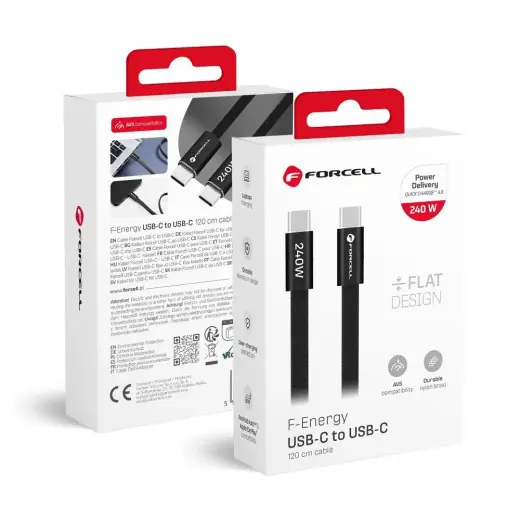 Forcell F-Energy Cafule Flat CCFN23 datu pārraides un uzlādes vads | USB-C uz USB-C | QC 4.0, PD | 240W | 1.2m | melns
