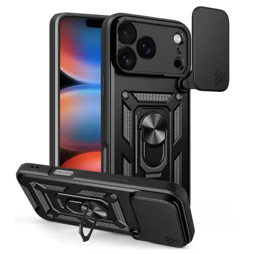 Defender Slide phone case with stand for iPhone 17 Pro Max black (with camera lens protection)