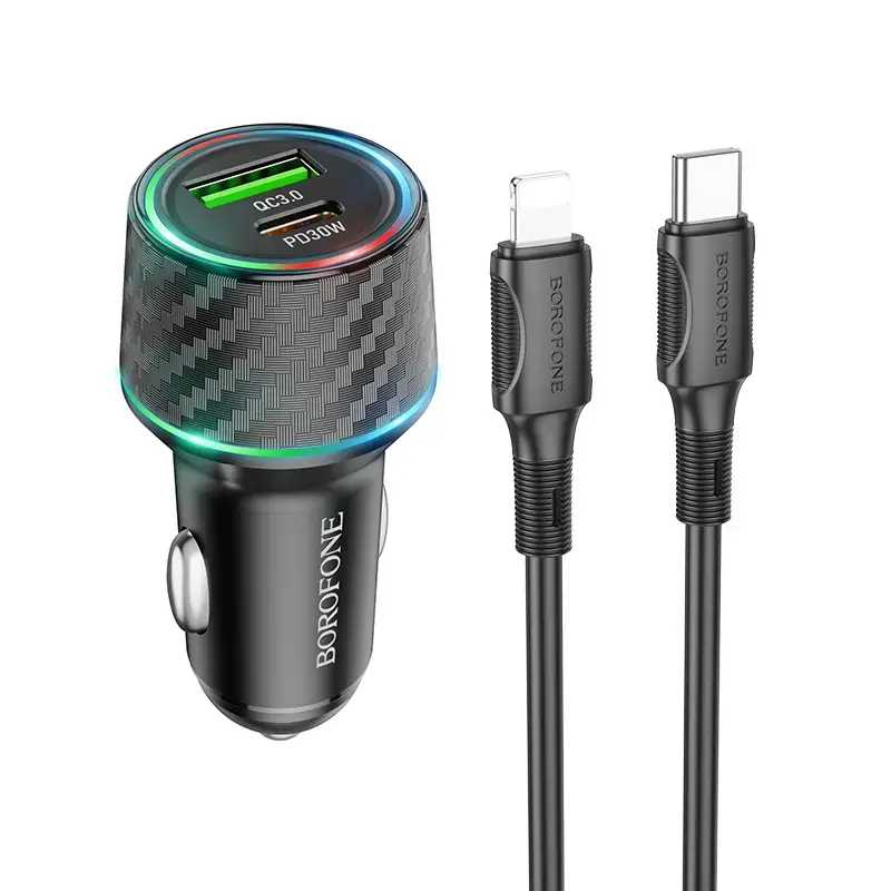 Borofone BZ21 Brilliant car charger | 48W | PD, QC | USB-A, USB-C, Lightning | with USB-C to Lightning cable included | black