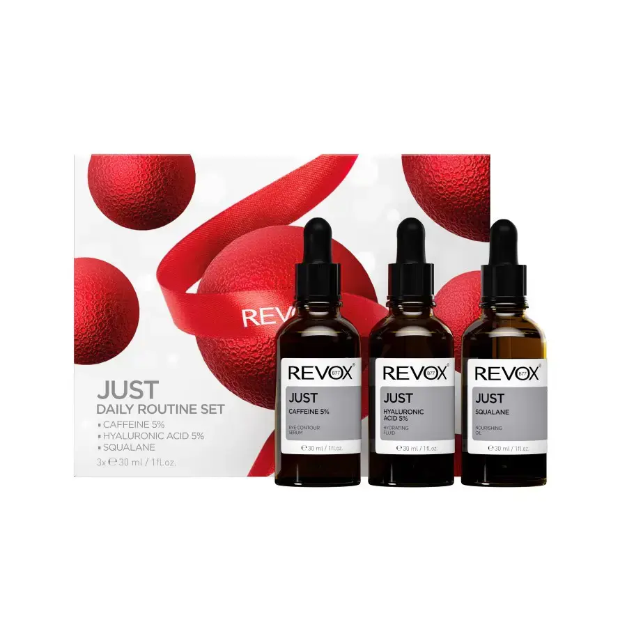 Daily Routine Set Revox B77: Just, Caffeine 5%, Anti-Dark Circles, Day, Eye Serum, 30 ml + Just, Hyaluronic Acid 5%, Hydrating, Fluid, For Face, 30 ml + Just, Squalane, Nourishing, Oil, For Face, 30 ml