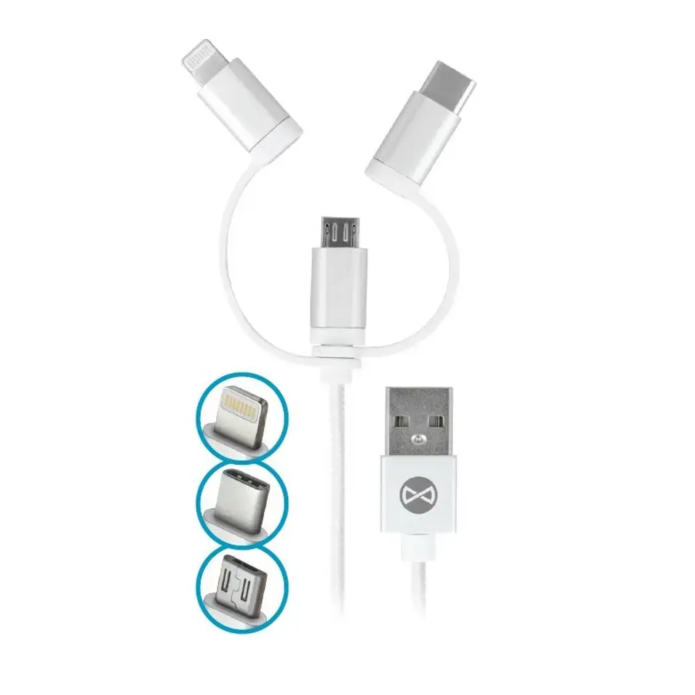 Forever 3-in-1 datu pārraides un uzlādes vads | USB-A uz Lightning, USB-C, Micro USB | 7.5W | 1m | balts