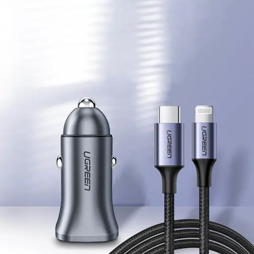 UGREEN CD130 auto lādētājs | 30W | PD, QC | USB-A, USB-C | pelēks
