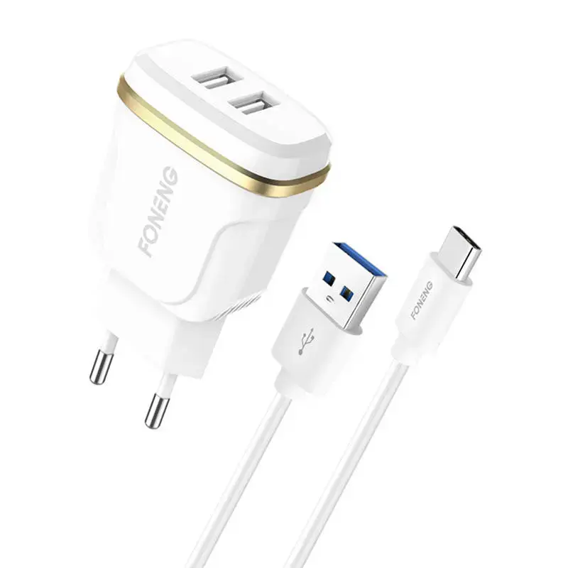 Foneng T240 2x USB wall charger, 2.4A + USB to USB-C cable (white)