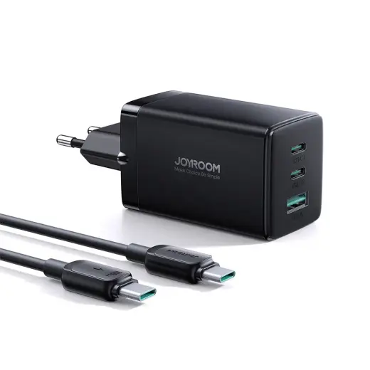 Joyroom tīkla lādētājs | ātra uzlāde GaN 65W | USB-A, 2x USB-C | melns + USB-C - USB-C vads 100W 1.2m (TCG01)