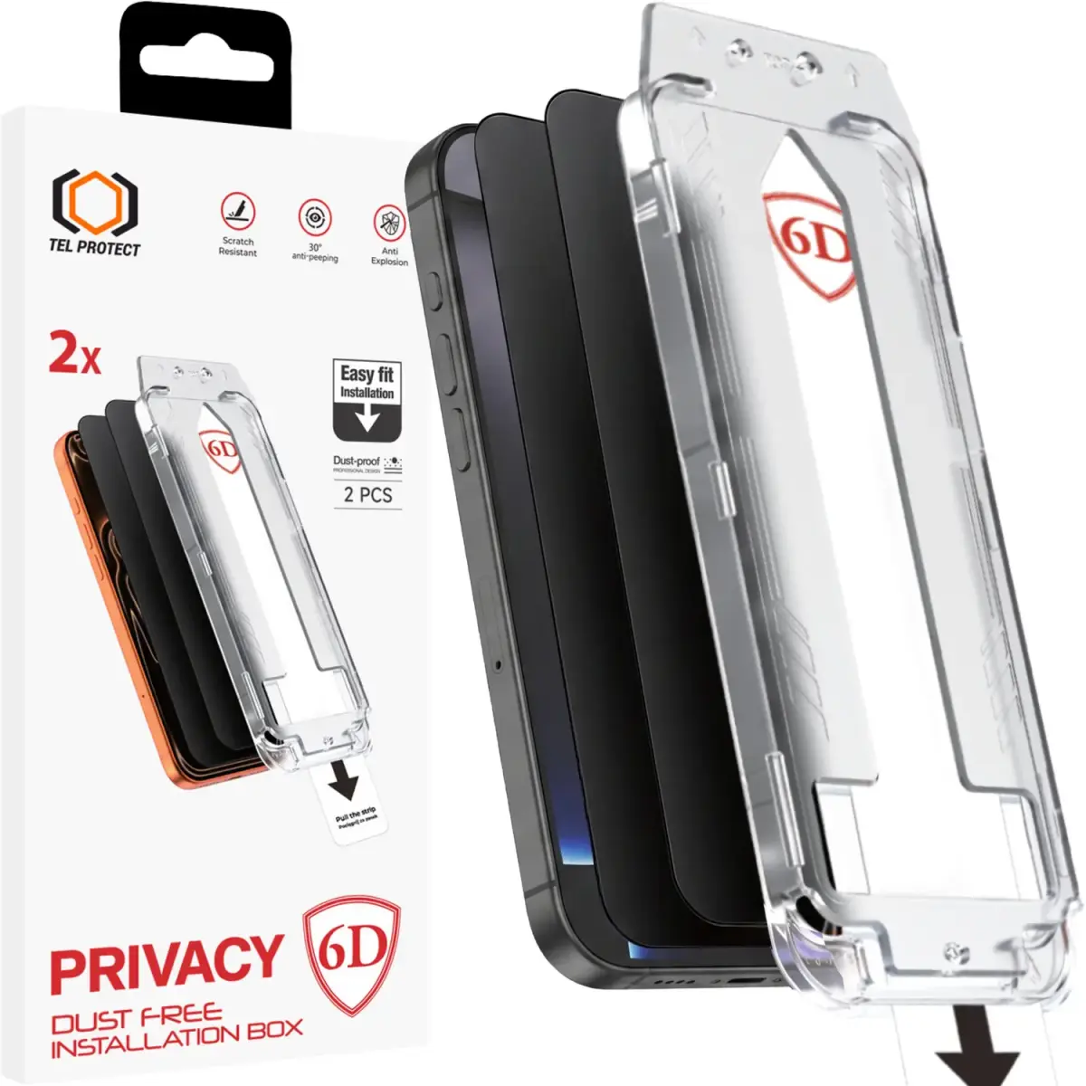 Tel Protect Dust-Free Easy Fit Privacy Full Glue 6D Tempered Glass for Iphone 15 Pro Max black - 2 pieces