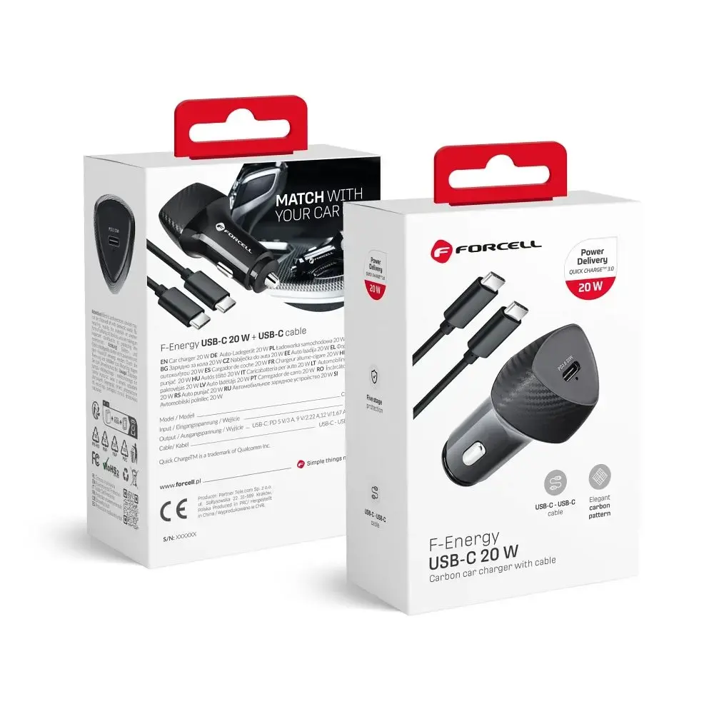 Forcell F-Energy Carbon CC50-1C auto lādētājs | 20W | PD, QC | USB-C | ar USB-C uz USB-C vadu komplektā | melns
