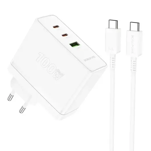 Borofone BN11 tīkla lādētājs | 100W | QC3.0, PD | USB-A, USB-C | USB-C uz USB-C vads komplektā | balts