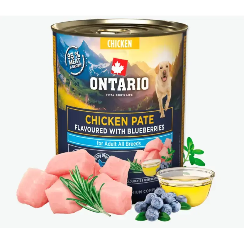 Konservi suņiem – Ontario Adult Chicken Pate Flavoured with Blueberry, 800 g