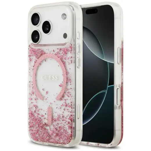 Guess Resin Bottom Glitter maciņš ar MagSafe atbalstu telefonam iPhone 18 Pro Max | iPhone 17 Pro Max rozā