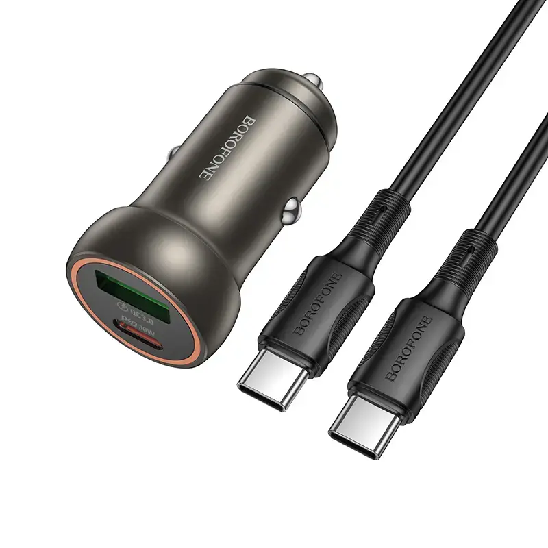 Borofone Car charger BZ32A Fresh - USB + Type C - QC 3.0 PD 30W with Type C to Type C cable gold