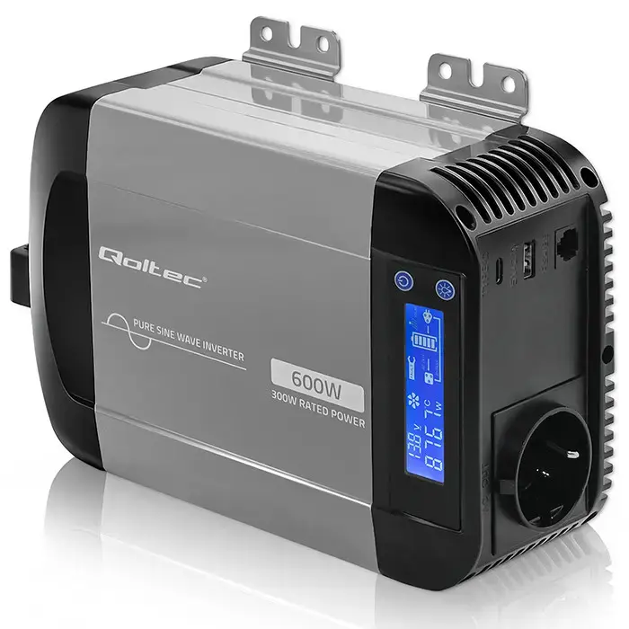 Qoltec Pure Sine Wave Inverter | 12V to 230V | 300/600W | LCD | USB | USC-C | Compatible with LiFePO4 GEL AGM