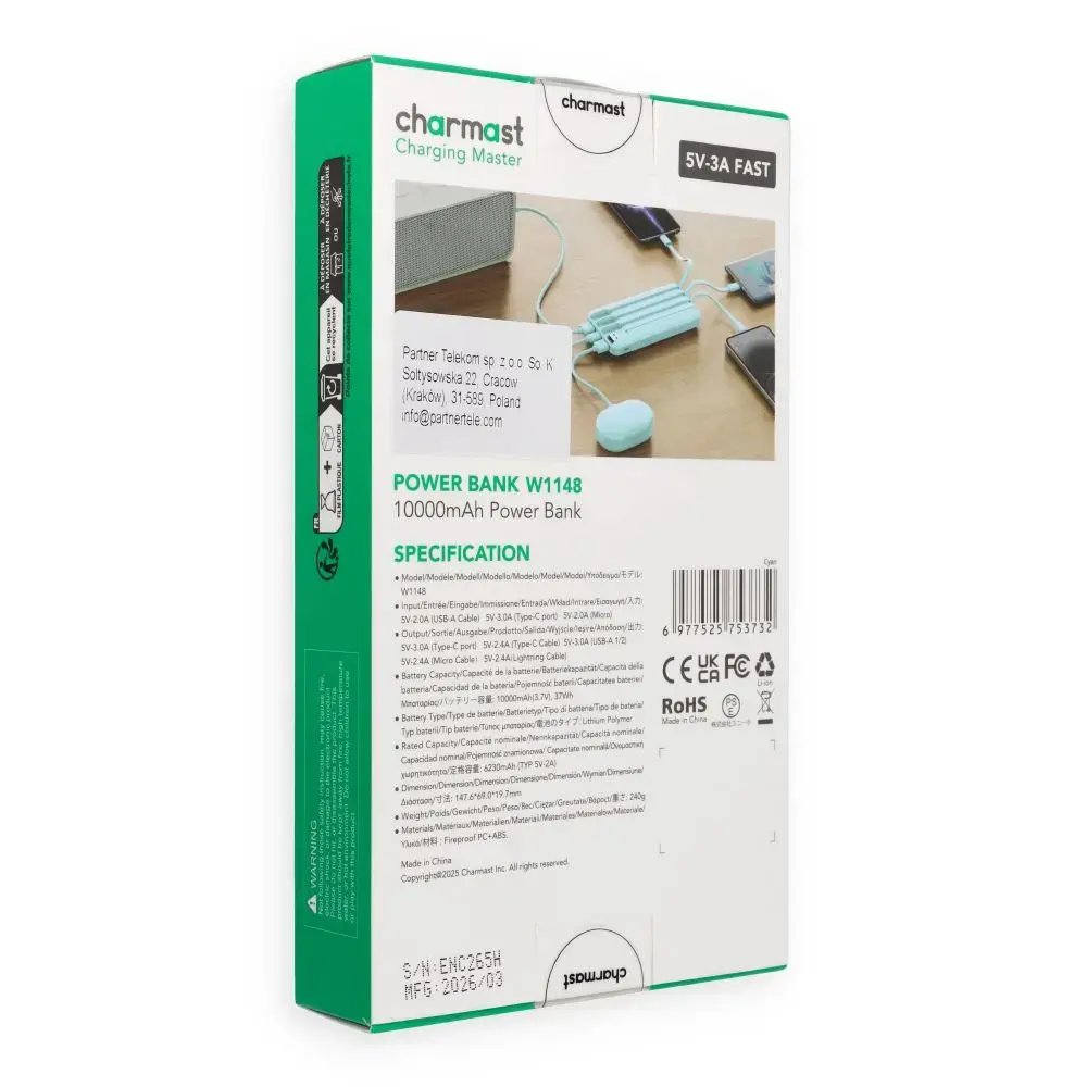 Powerbank 5V 3A 10000 mAh with built-in cables USB A / USB C / Lightning / Micro USB Charmast W1148 green