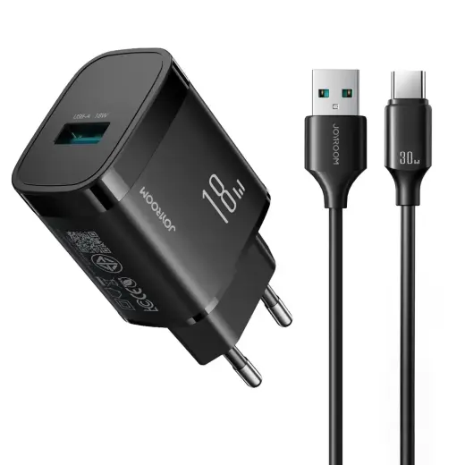 Зарядное устройство Joyroom JR-TF4 | 18W | USB-A, USB-C | с кабелем USB-A на USB-C в комплекте | чёрное