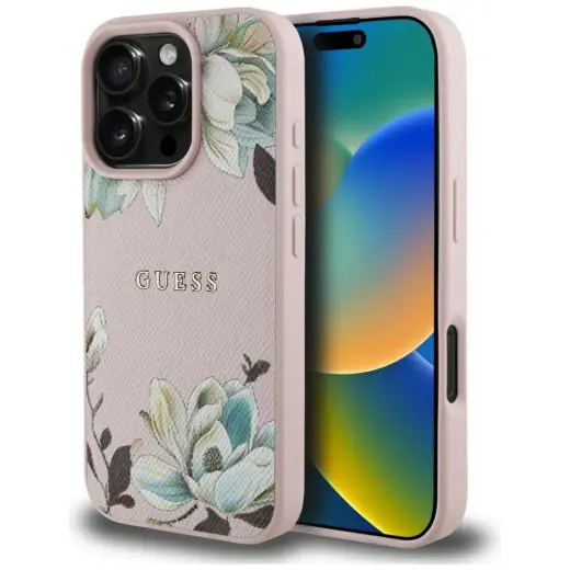 Etui Guess Grained Printed Flower         Pattern MagSafe do iPhone 16 Pro Max różowy