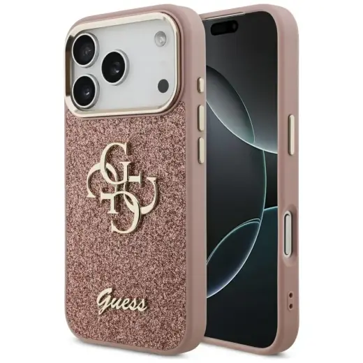 Guess Fixed Glitter Big 4G Metal Frame чехол для телефона iPhone 17 Pro розовый