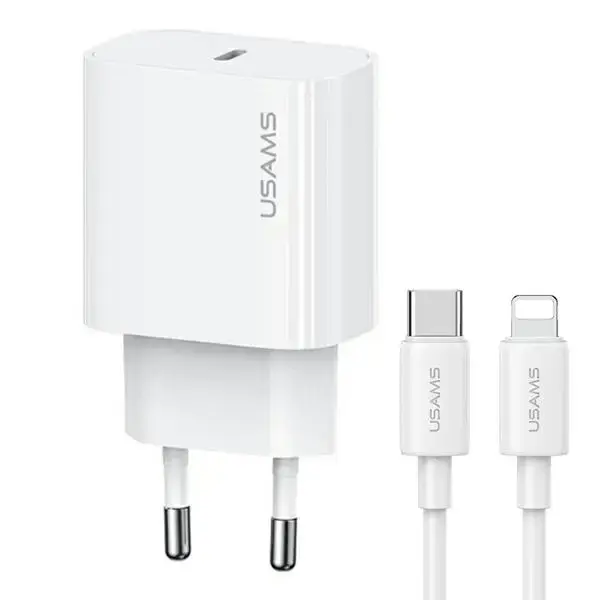 USAMS Yi Series OYXLTZ02 tīkla lādētājs | 30W | PD | USB-C, Lightning | ar USB-C uz Lightning vadu komplektā | balts