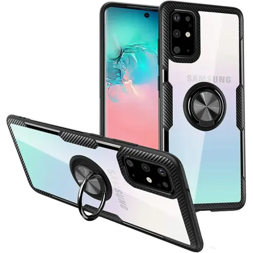 Fusion Carbon Ring Back Case Silikona Aizsargapvalks ar Magnetu Priekš Samsung A715 Galaxy A71 Melns