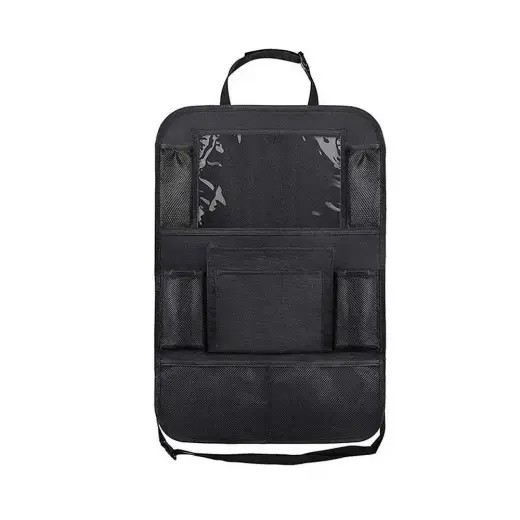 Car organizer for front seats with compartments black