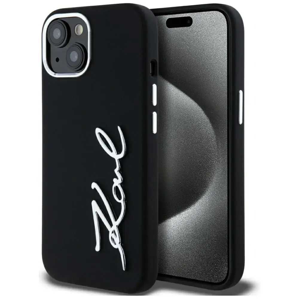 Karl Lagerfeld Silikona Metāla Script Logo telefona maciņš priekš iPhone 15 melns