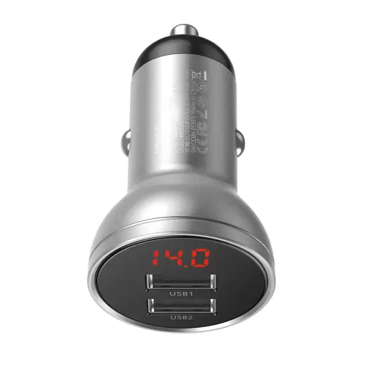 Baseus Digital Display Dual USB 4.8A auto lādētājs CCBX-0S | 24W | USB-A | ar LCD ekrānu | sudrabs