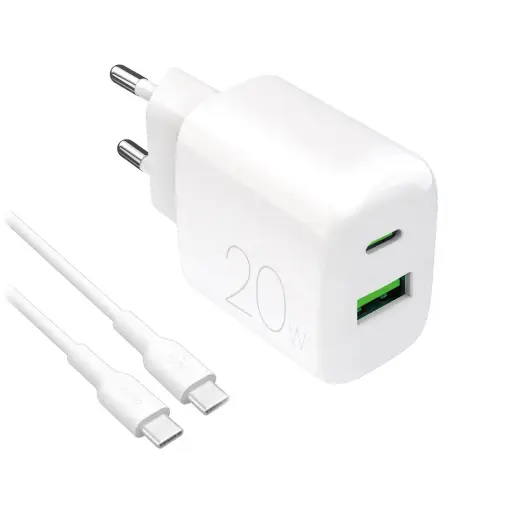 Puro PROLITE tīkla lādētājs | 20W | USB-A, USB-C | ar USB-C uz USB-C vadu komplektā | balts