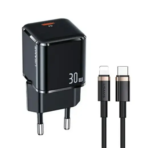 USAMS T45 travel charger | 30W | PD3.0 | USB-C | with USB-C to Lightning cable included | black