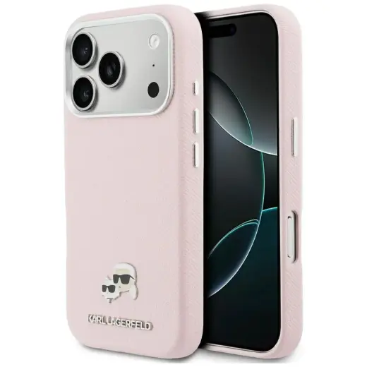 Karl Lagerfeld Karl & Choupette Head Pins Saffiano maciņš ar MagSafe atbalstu telefonam iPhone 17 Pro Max rozā