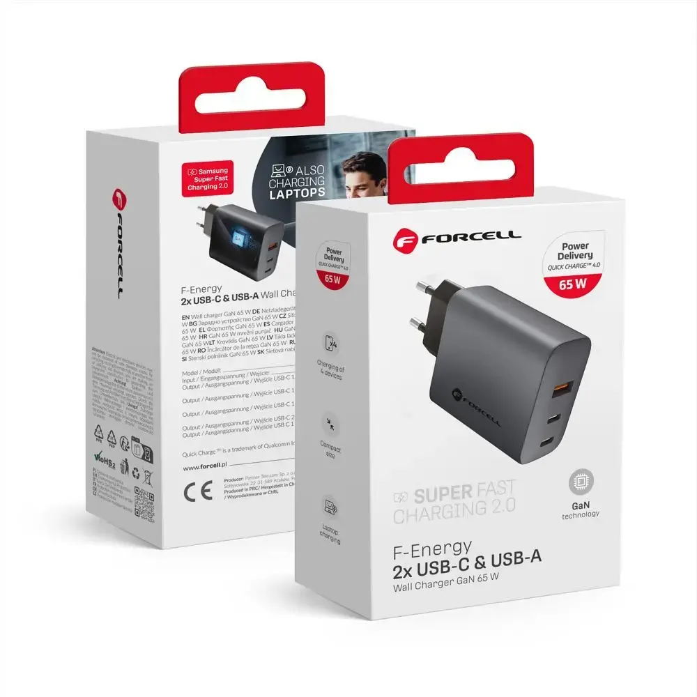 Forcell F-Energy VT-42B tīkla lādētājs | 65W | PD, QC, GaN | USB-C, USB-A | pelēks