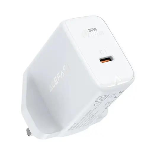 Acefast A24 travel charger | 30W | GaN, PD, PPS, QC3.0 | USB-C | universal adapter UK | white