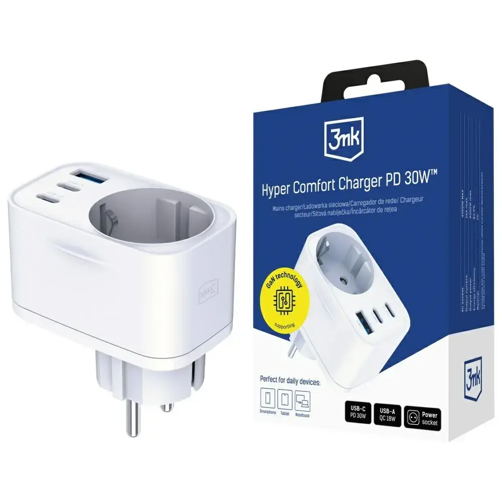 3MK Hyper Comfort | tīkla lādētājs | 30W | PD, QC | USB-A, 2x USB-C | balts