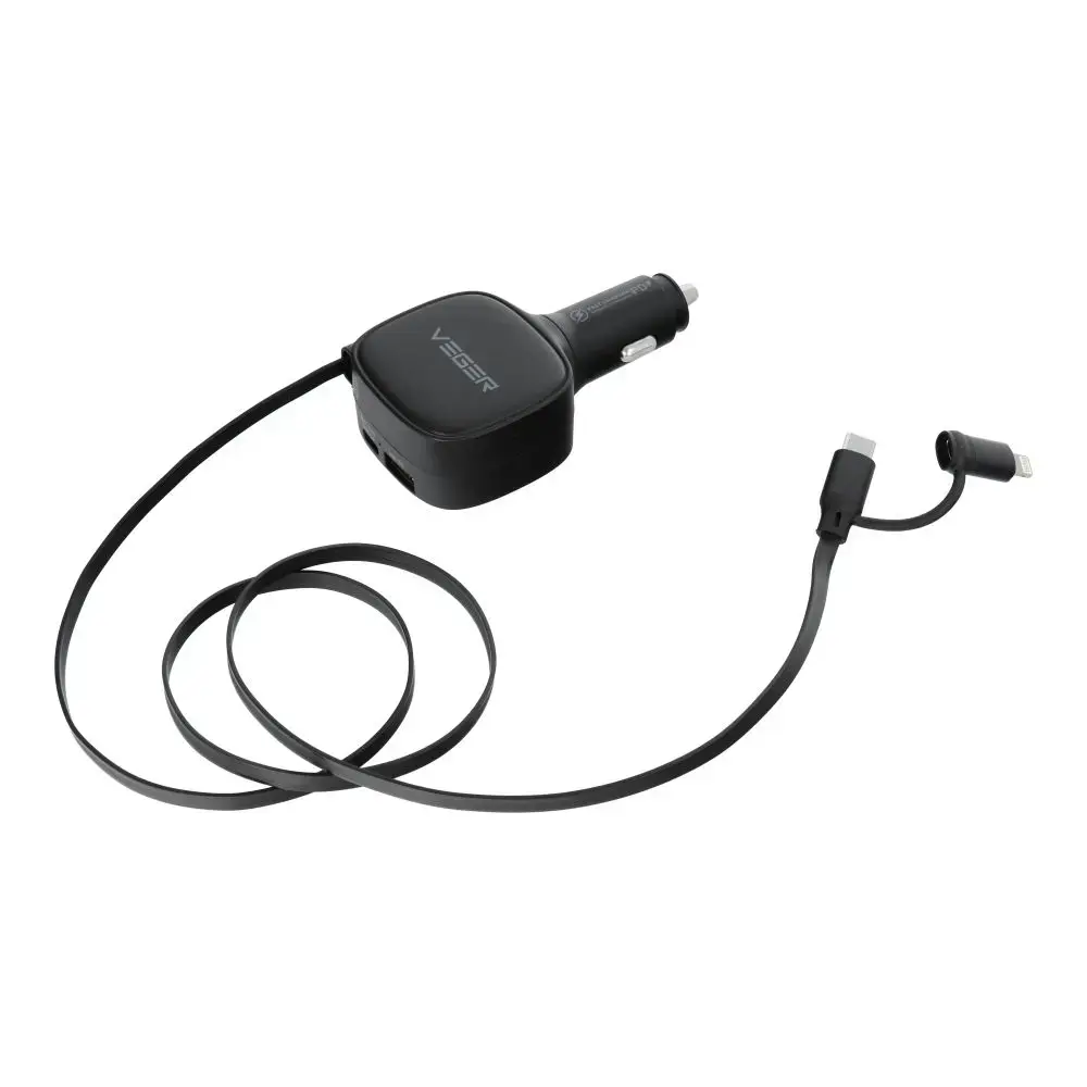 Veger CC89 auto lādētājs | 33W | PD, QC, PPS | USB-C, USB-A | ar USB-C uz Lightning vadu komplektā | melns
