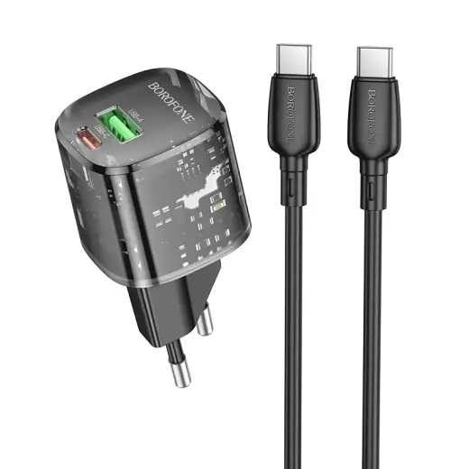Borofone Wall charger BN17 Sunlight - USB + Type C -  QC 3.0 PD 20W 3A with Type C to Type C cable black