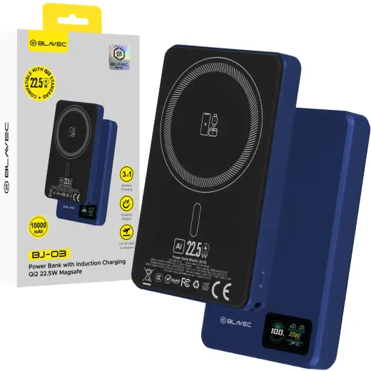 Blavec BJ-03 Slim išorinė baterija (powerbank) | 10 000 mAh | 22.5W | USB-C, MagSafe, Wireless | blue