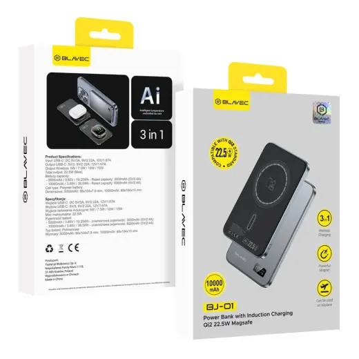 Blavec Power Bank 10000mAh BJ01 Slim 15mm - Type C - 22,5W magnetic Magsafe 3 in 1 (PBBJ01-MC10G) grey