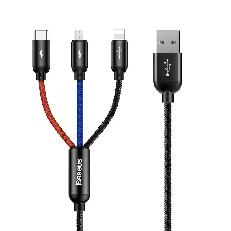 Baseus 3-in-1 datu pārraides un uzlādes vads | USB-A uz Lightning, Micro USB, USB-C | 17.5W | 0.3m | melns