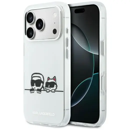 Karl Lagerfeld IML Karl & Choupette Peekaboo Logo telefoni ümbris MagSafe toega iPhone 17 Pro valge