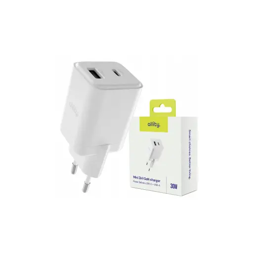 Allity wall charger GaN PD QC ATC-01-30WAC 1x USB-C 1x USB-A 30W white