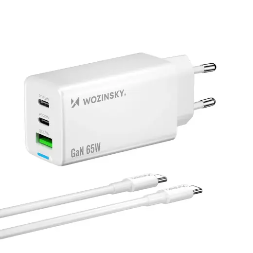 Wozinsky GaN 65W Charger tīkla lādētājs | 65W | GaN | USB-C, USB-A | ar USB-C uz USB-C vadu komplektā | balts