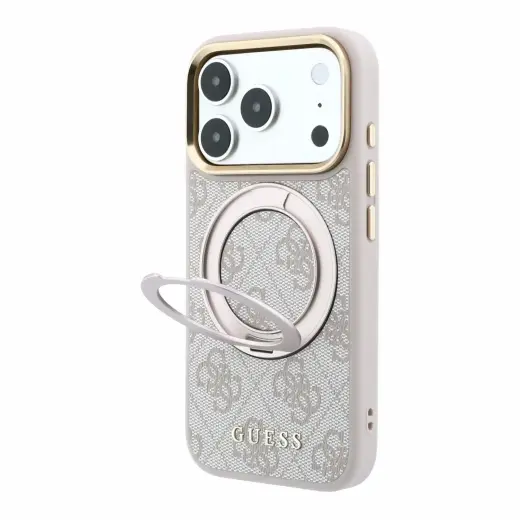 Guess 4G Ring Stand telefoni ümbris alusega ja MagSafe toega iPhone 18 Pro roosa
