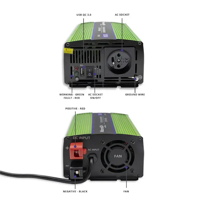 Qoltec Pure Sine Wave Inverter Monolith | battery charger | UPS | 600W | 1200W | 12V to 230V