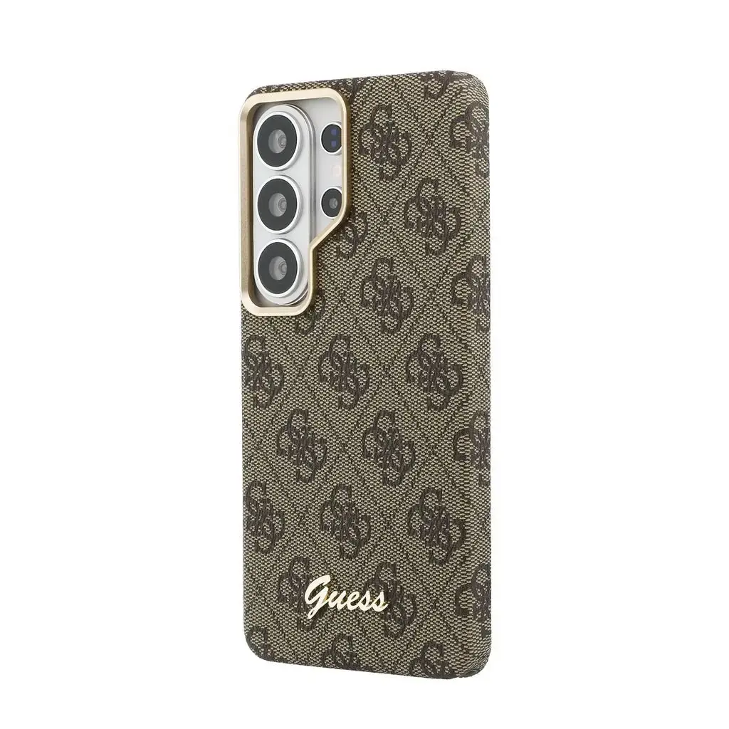 Guess 4G Script Metal Logo maciņš ar MagSafe atbalstu telefonam Samsung Galaxy S26 Ultra (S948) brūns