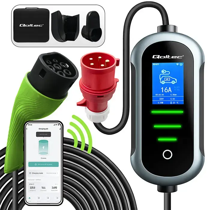Qoltec Mobile EV Electric Car Charger with 2-in-1 Type 2 Adjustment | 22kW | 400V | CEE 32A | Wi-fi | TUYA | SMART LIFE | LCD | Portable | 7m