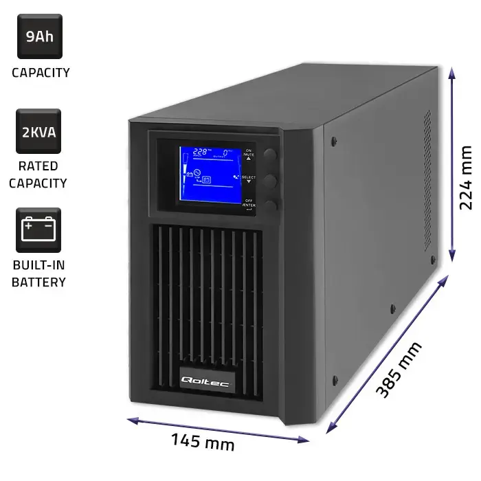 Qoltec Uninterruptible Power Supply UPS On-line | Pure Sine Wave | 2kVA | 1.6kW | LCD | USB