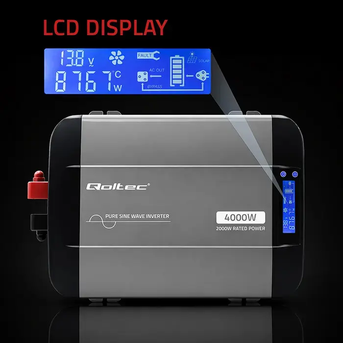 Qoltec Pure Sine Wave Inverter | 12V to 230V | 2000/4000W | LCD | USB | USC-C | Compatible with LiFePO4 GEL AGM