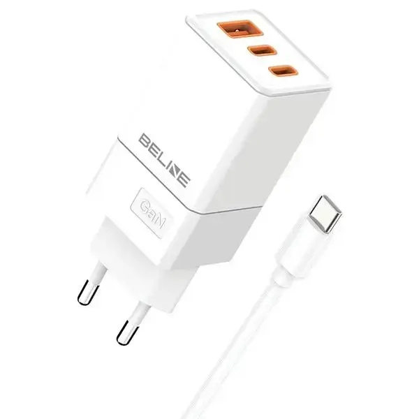 Beline BLN3CW65C tīkla lādētājs | 65W | GaN, PD 3.0, QC 3.0 | USB-C, USB-A | USB-C uz USB-C vads komplektā | balts