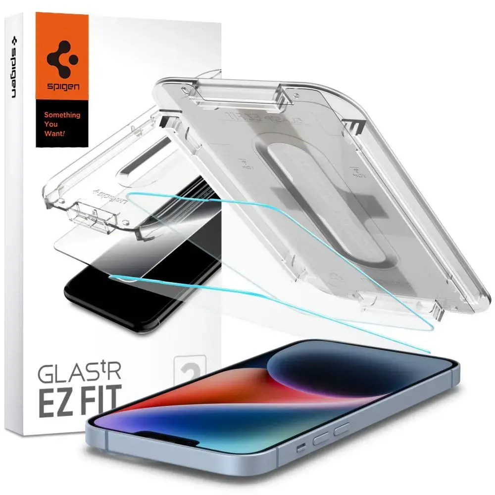 Spigen Glas.tR EZ FIT grūdintas stiklas telefonui iPhone 13 | iPhone 13 Pro | iPhone 14 su Spigen Glas.tR EZ FIT aplikatoriumi, 2 vnt. rinkinys